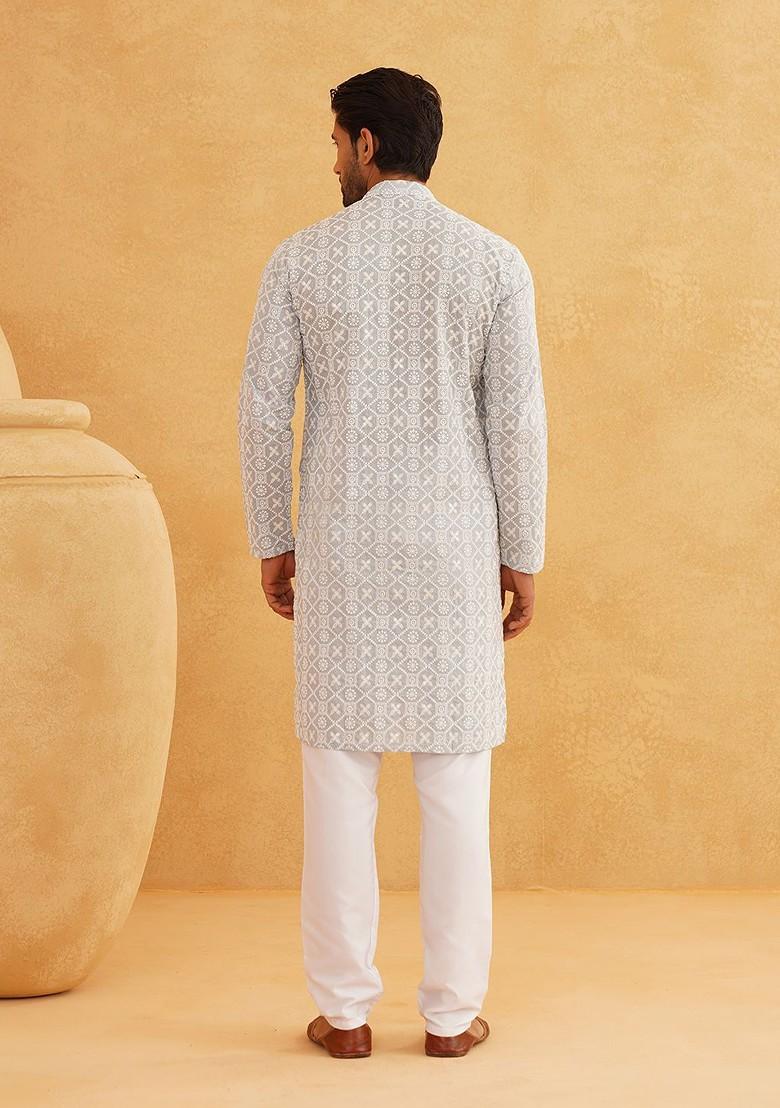Grey Embroidered Cotton Kurta Set For Men
