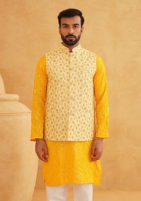 Mustard Sequin Work Cotton Kurta Set For Men
