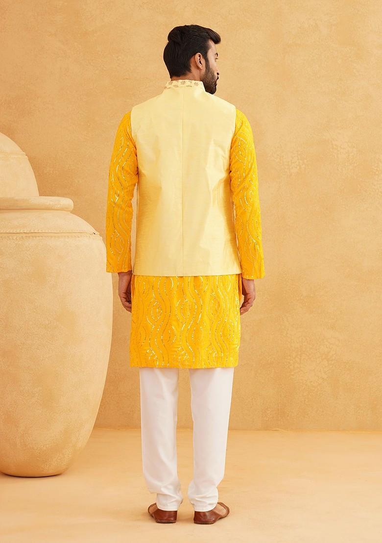 Mustard Sequin Work Cotton Kurta Set For Men