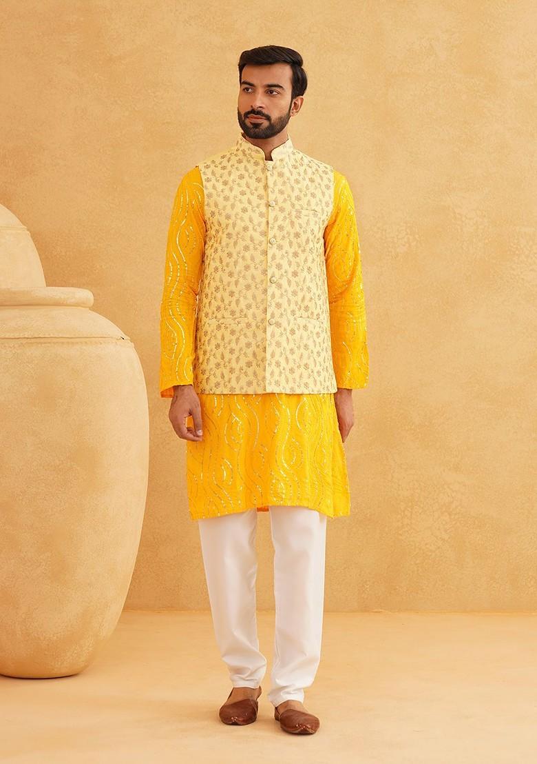 Mustard Sequin Work Cotton Kurta Set For Men