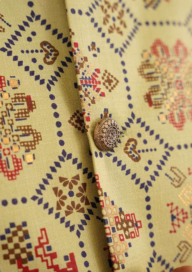 Green Ethnic Motifs Poly Blend Kurta Set For Men - Indya
