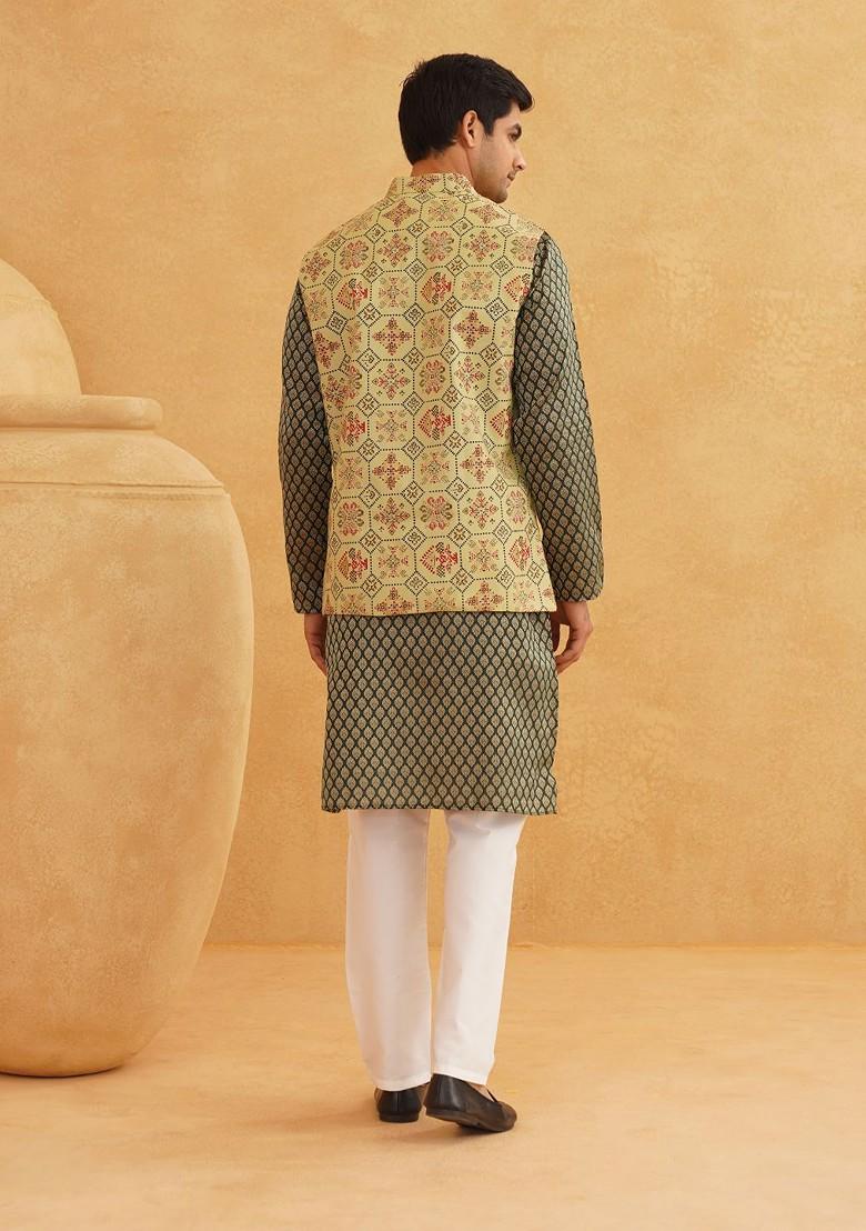 Green Ethnic Motifs Poly Blend Kurta Set For Men