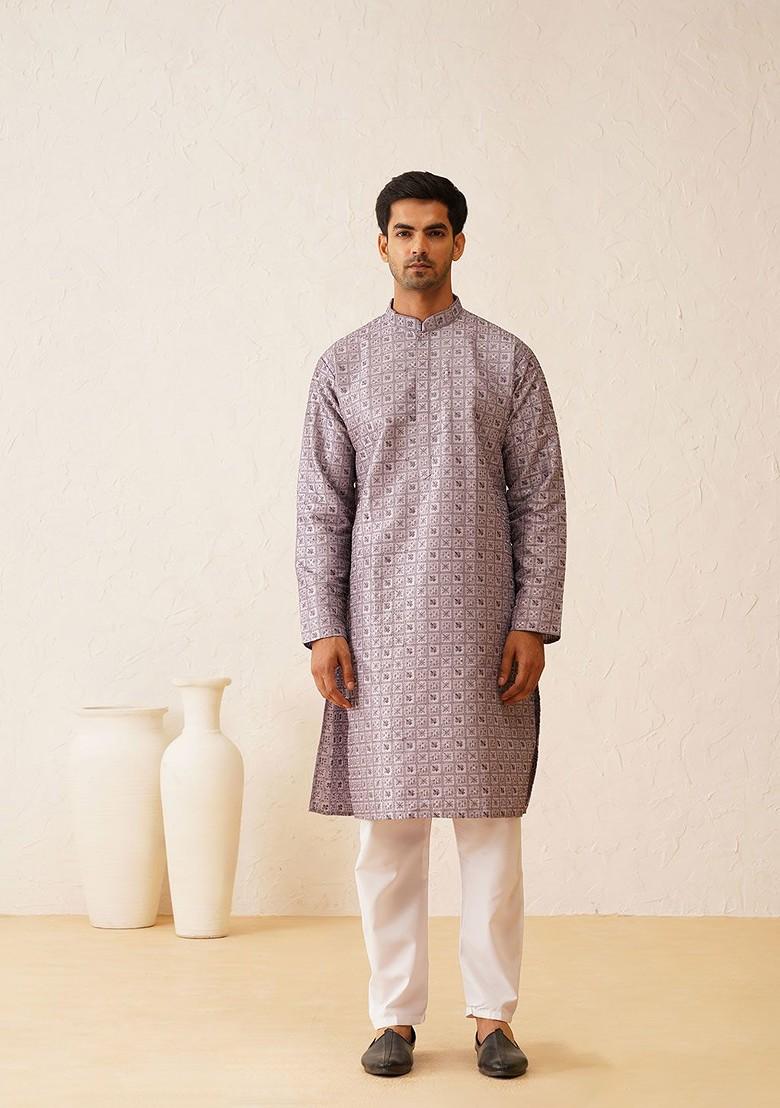 Purple Embroidered Poly Blend Kurta Set For Men