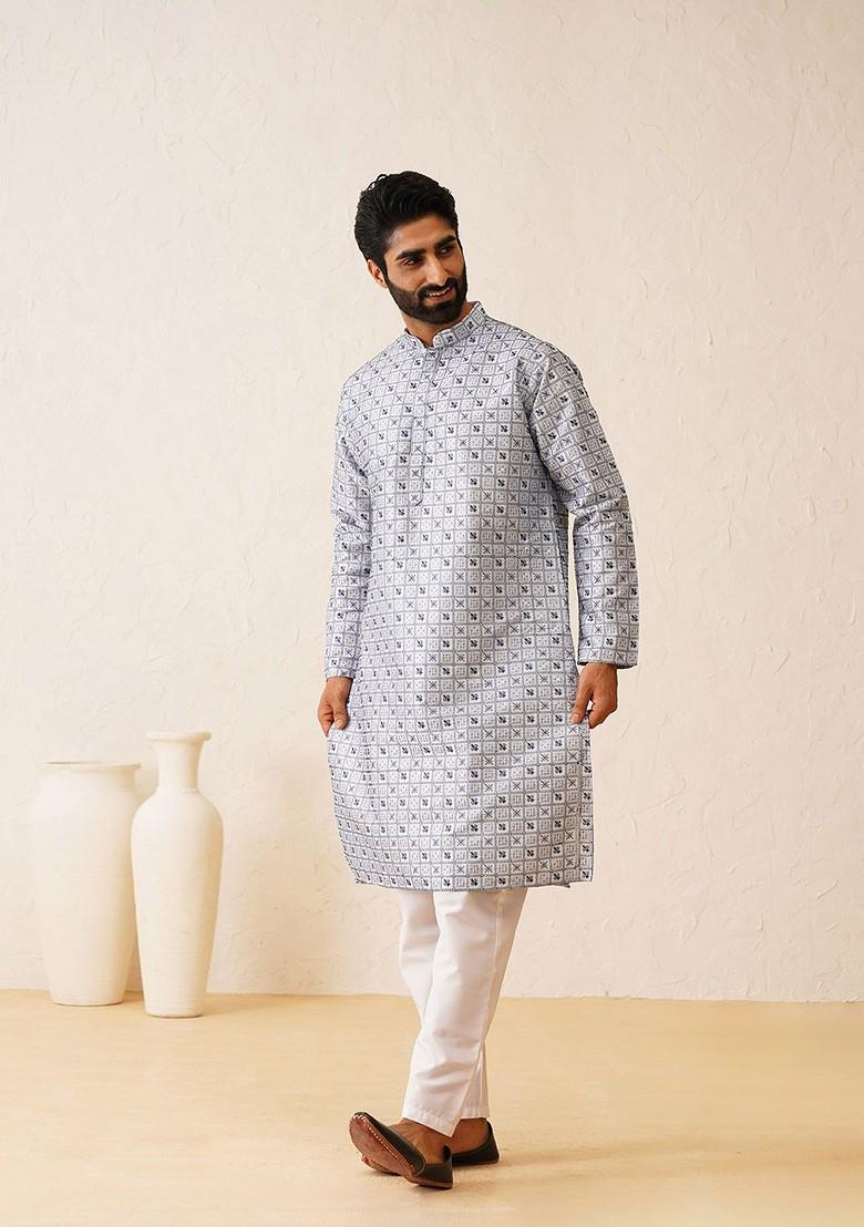 Blue Embroidered Poly Blend Kurta Set For Men