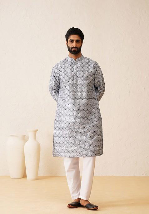 Blue Embroidered Poly Blend Kurta Set For Men