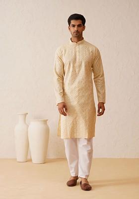 Beige Thread Work Poly Blend Kurta Set For Men