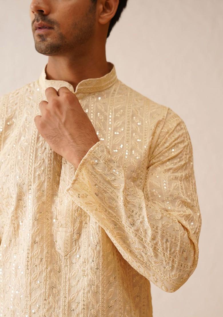 Beige Thread Work Poly Blend Kurta Set For Men