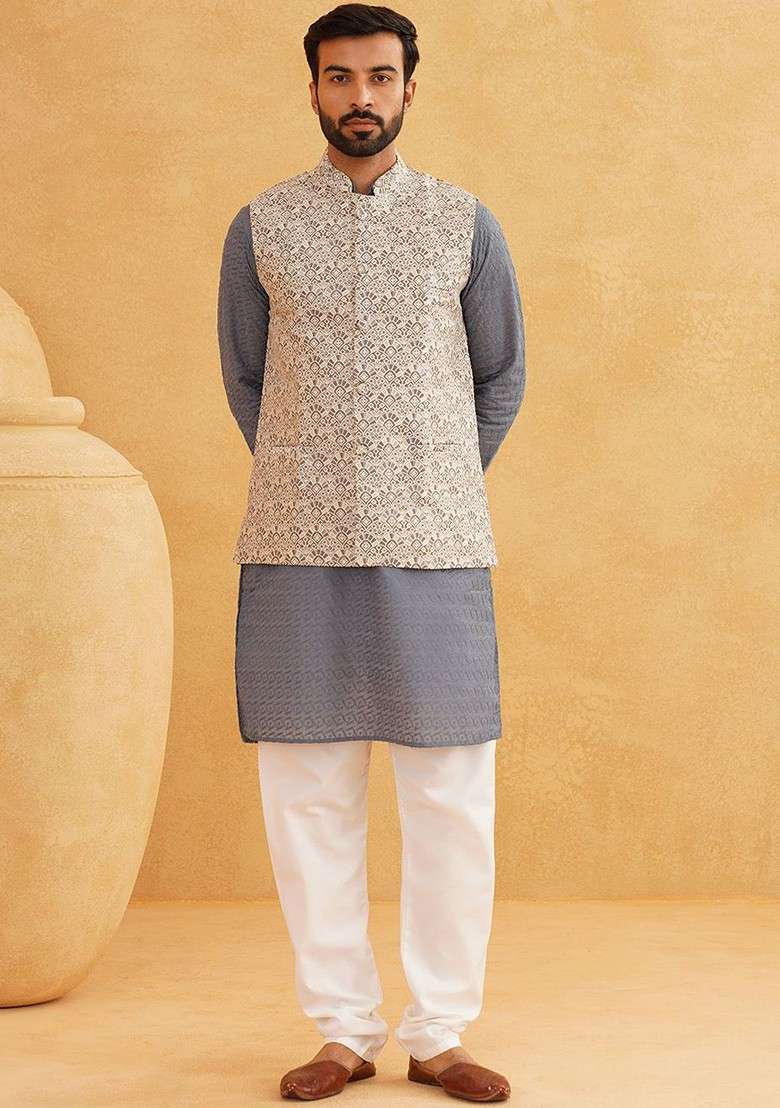 Grey Embroidered Cotton Kurta Set For Men - Indya