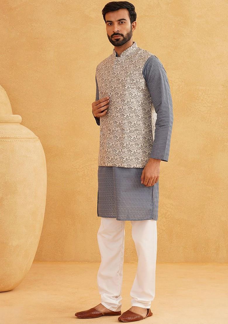 Grey Embroidered Cotton Kurta Set For Men