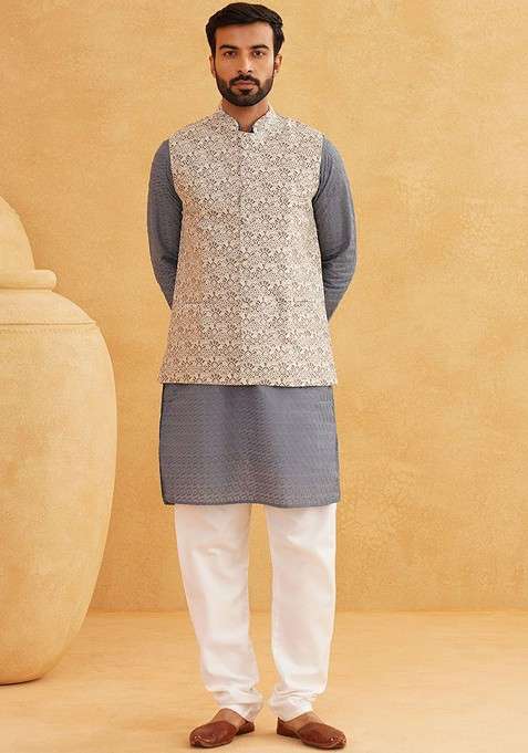 Grey Embroidered Cotton Kurta Set For Men