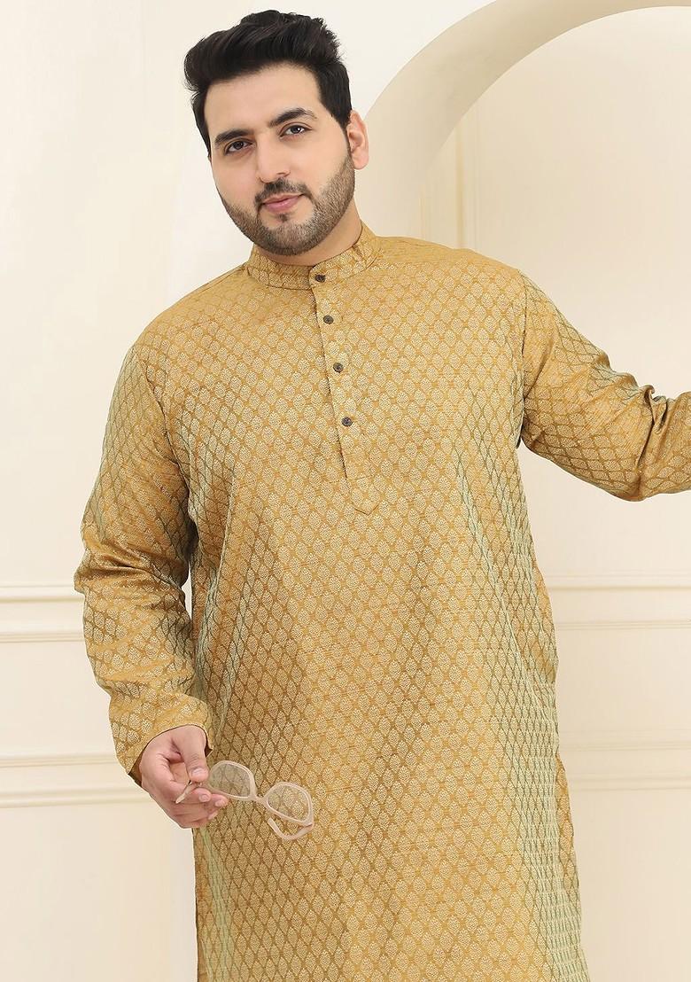Mustard Ethnic Motifs Jacquard Kurta Set For Men