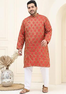 Red Thread Work Poly Blend Kurta Set For Men