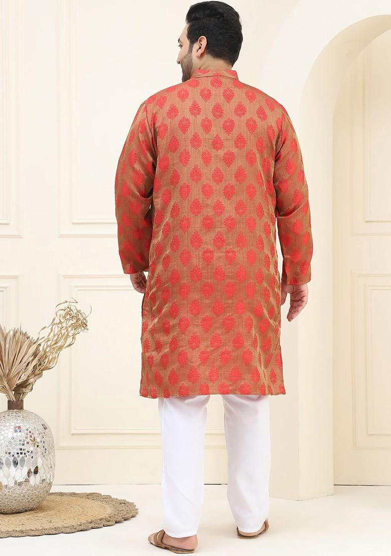 Red Thread Work Poly Blend Kurta Set For Men