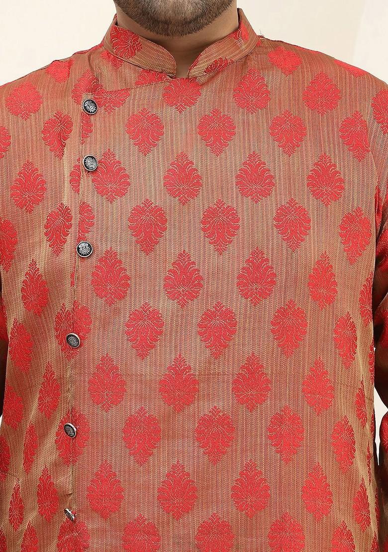 Red Thread Work Poly Blend Kurta Set For Men