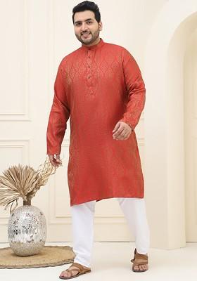 Red Woven Poly Blend Kurta Set For Men