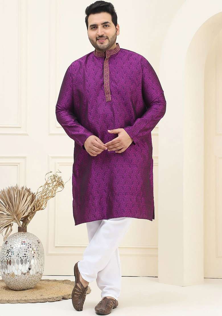 Purple Ethnic Motifs Poly Blend Kurta Set For Men - Indya