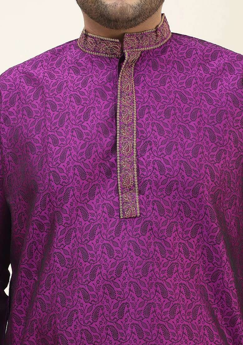Purple Ethnic Motifs Poly Blend Kurta Set For Men - Indya