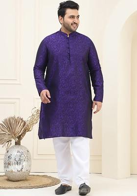 Purple Woven Poly Blend Kurta Set For Men