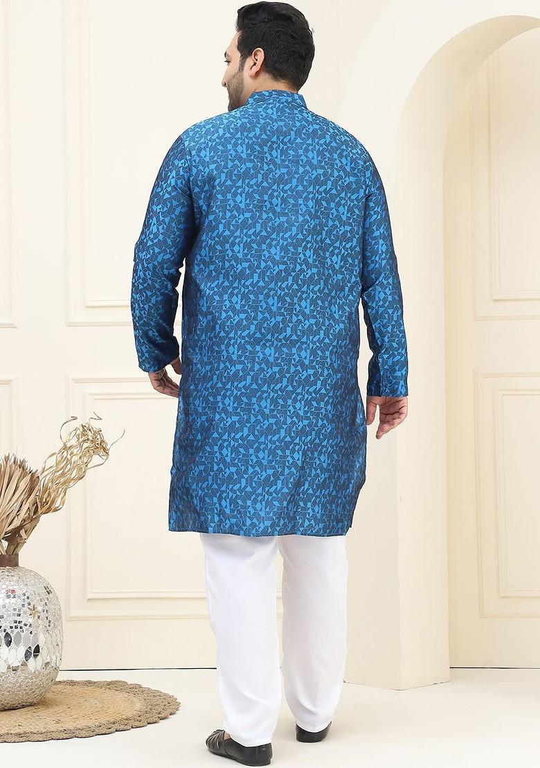 Blue Solid Poly Blend Kurta Set For Men
