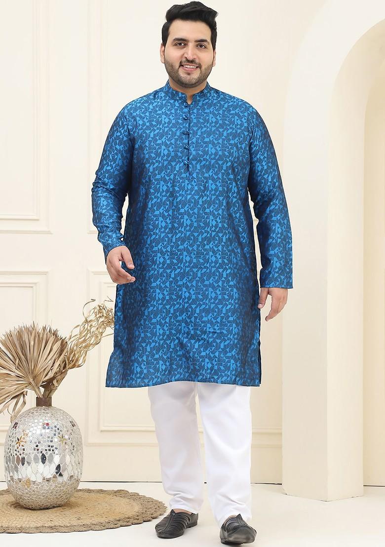 Blue Solid Poly Blend Kurta Set For Men