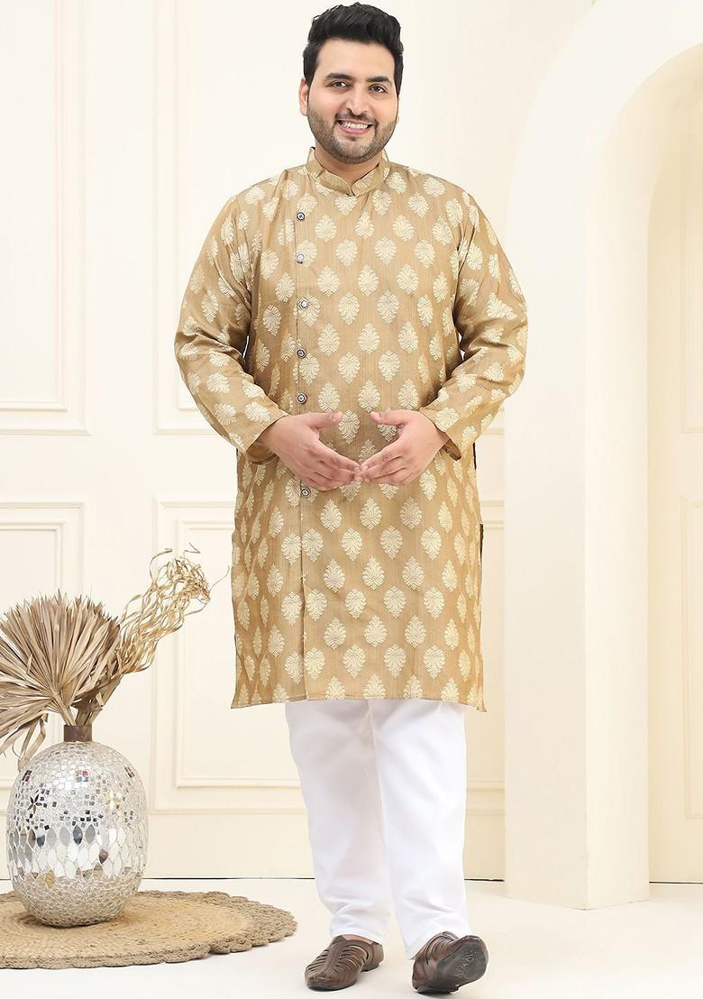 Brown Thread Work Poly Blend Kurta Set For Men