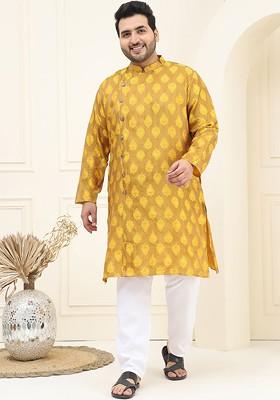 Mustard Thread Work Poly Blend Kurta Set For Men