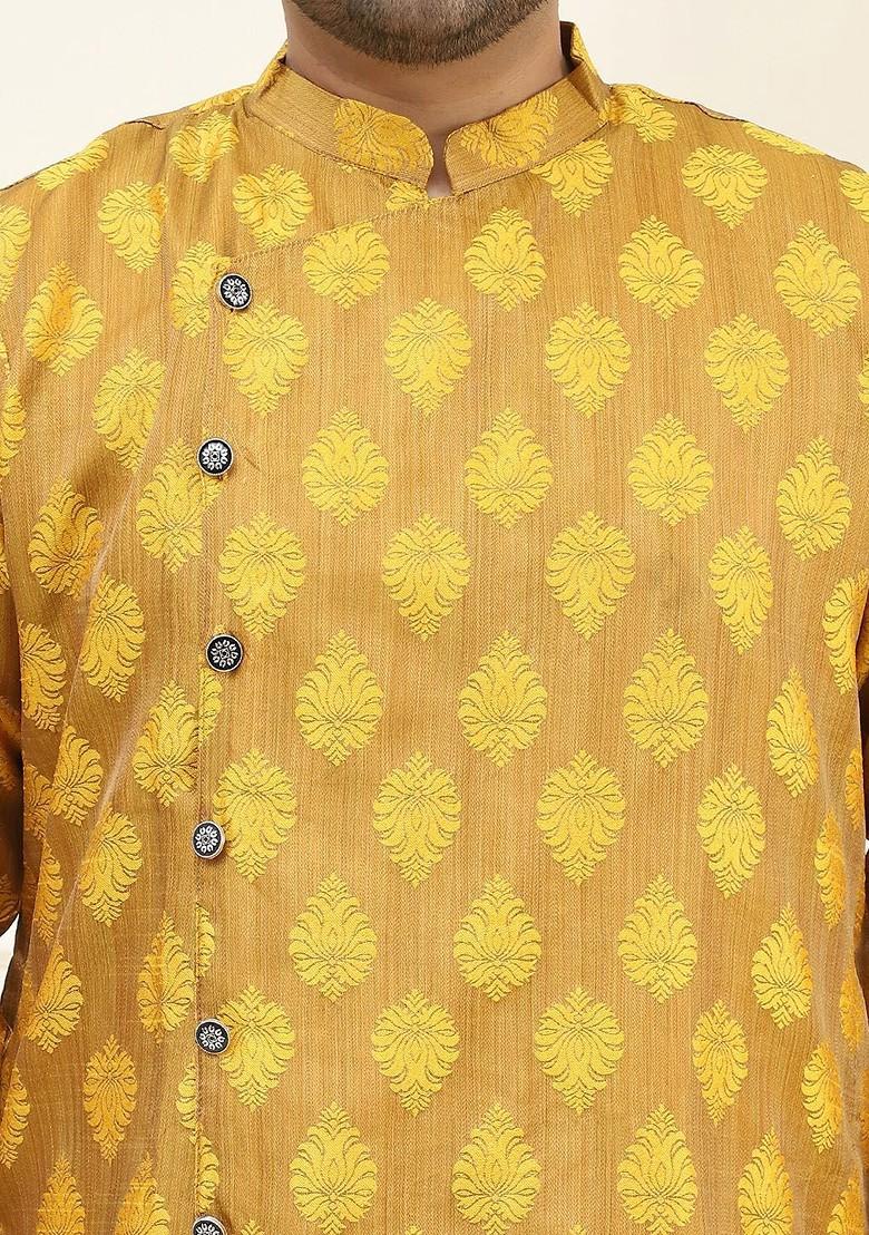 Mustard Thread Work Poly Blend Kurta Set For Men