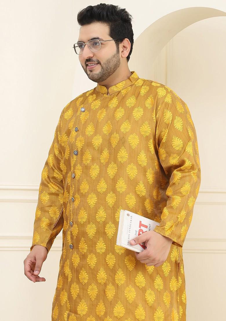 Mustard Thread Work Poly Blend Kurta Set For Men