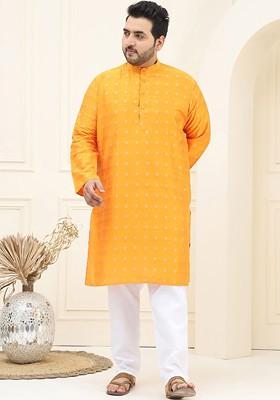 Orange Solid Poly Blend Kurta Set For Men