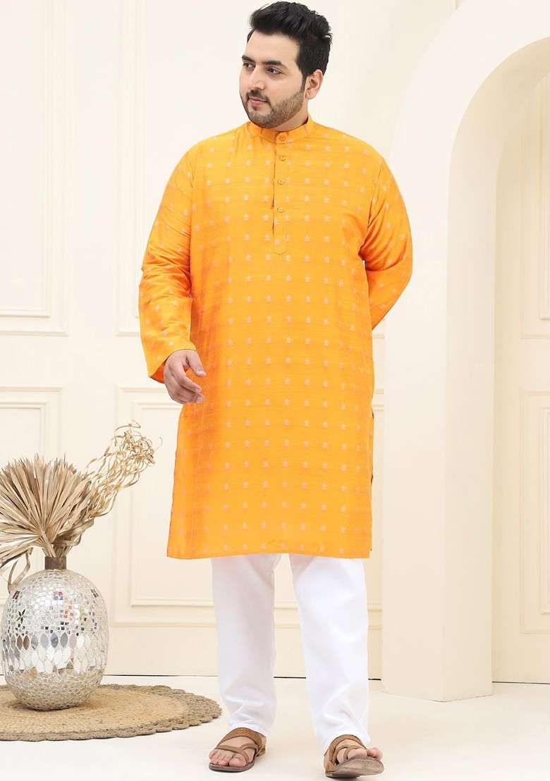 Orange Solid Poly Blend Kurta Set For Men - Indya