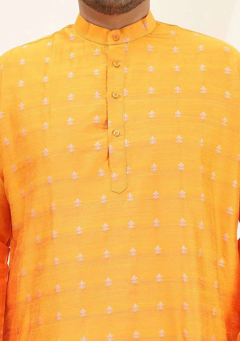 Orange Solid Poly Blend Kurta Set For Men - Indya