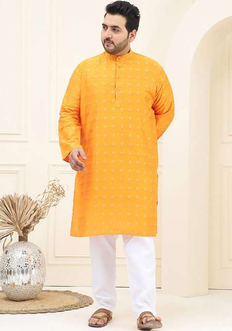Orange Solid Poly Blend Kurta Set For Men