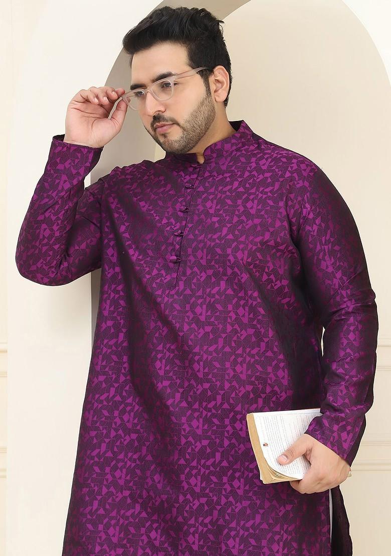 Violet Solid Poly Blend Kurta Set For Men