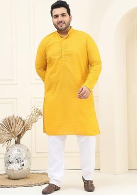 Mustard Embroidered Cotton Kurta Set For Men