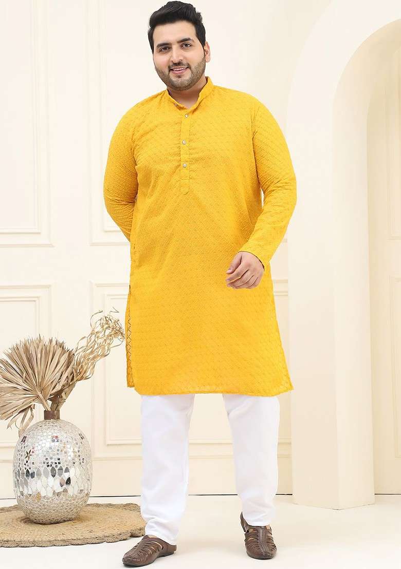 Mustard Embroidered Cotton Kurta Set For Men - Indya