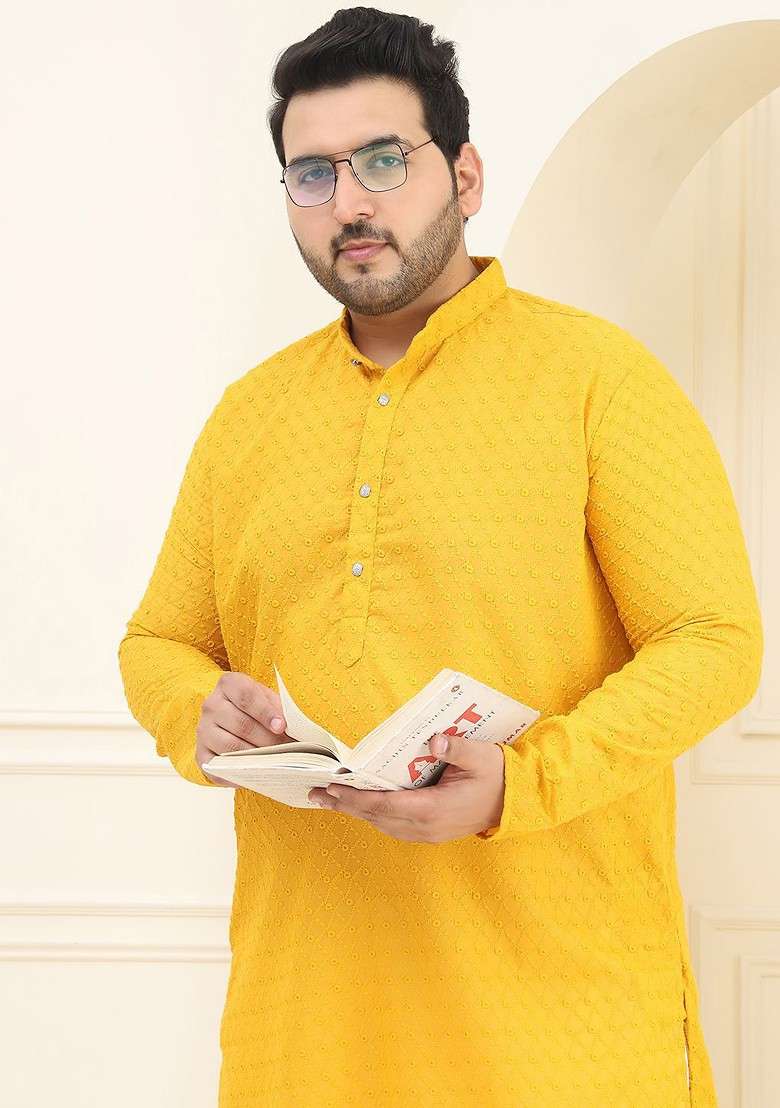 Mustard Embroidered Cotton Kurta Set For Men - Indya