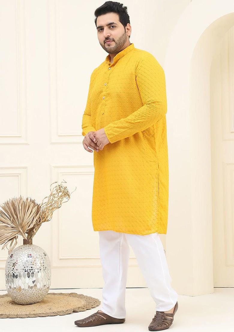 Mustard Embroidered Cotton Kurta Set For Men