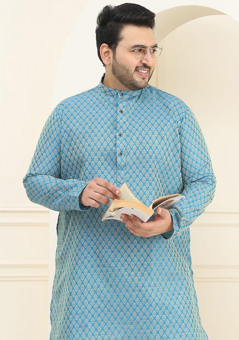 Blue Ethnic Motifs Poly Blend Kurta Set For Men