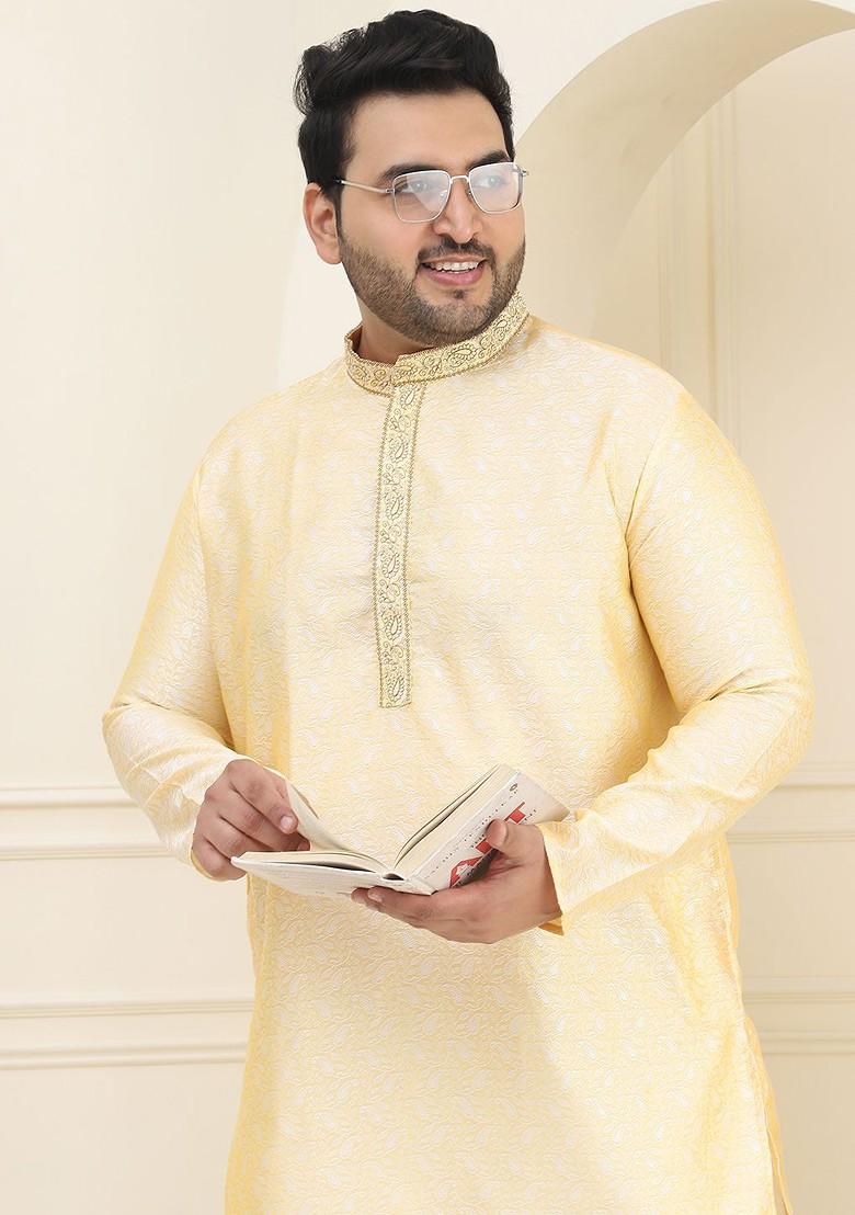 Gold Woven Poly Blend Kurta Set For Men