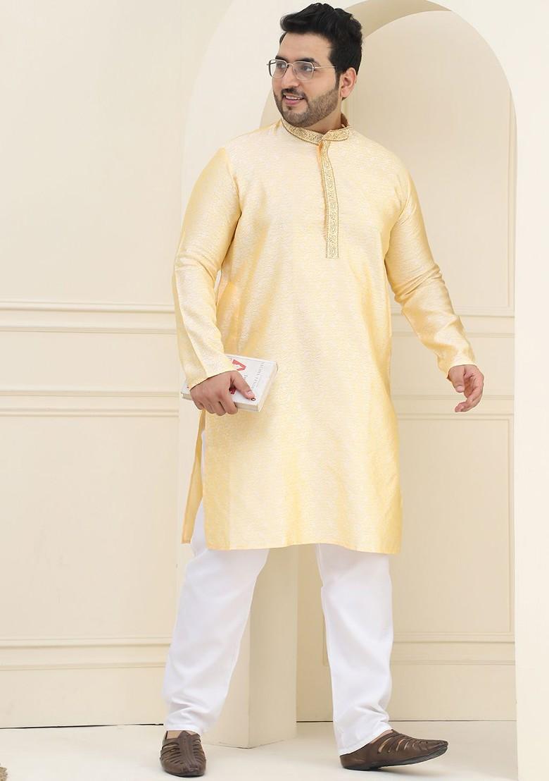 Gold Woven Poly Blend Kurta Set For Men