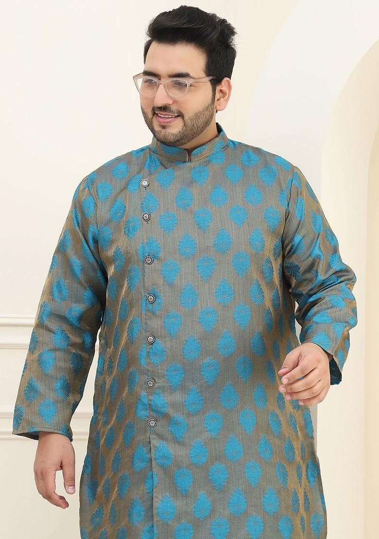 Blue Thread Work Poly Blend Kurta Set For Men