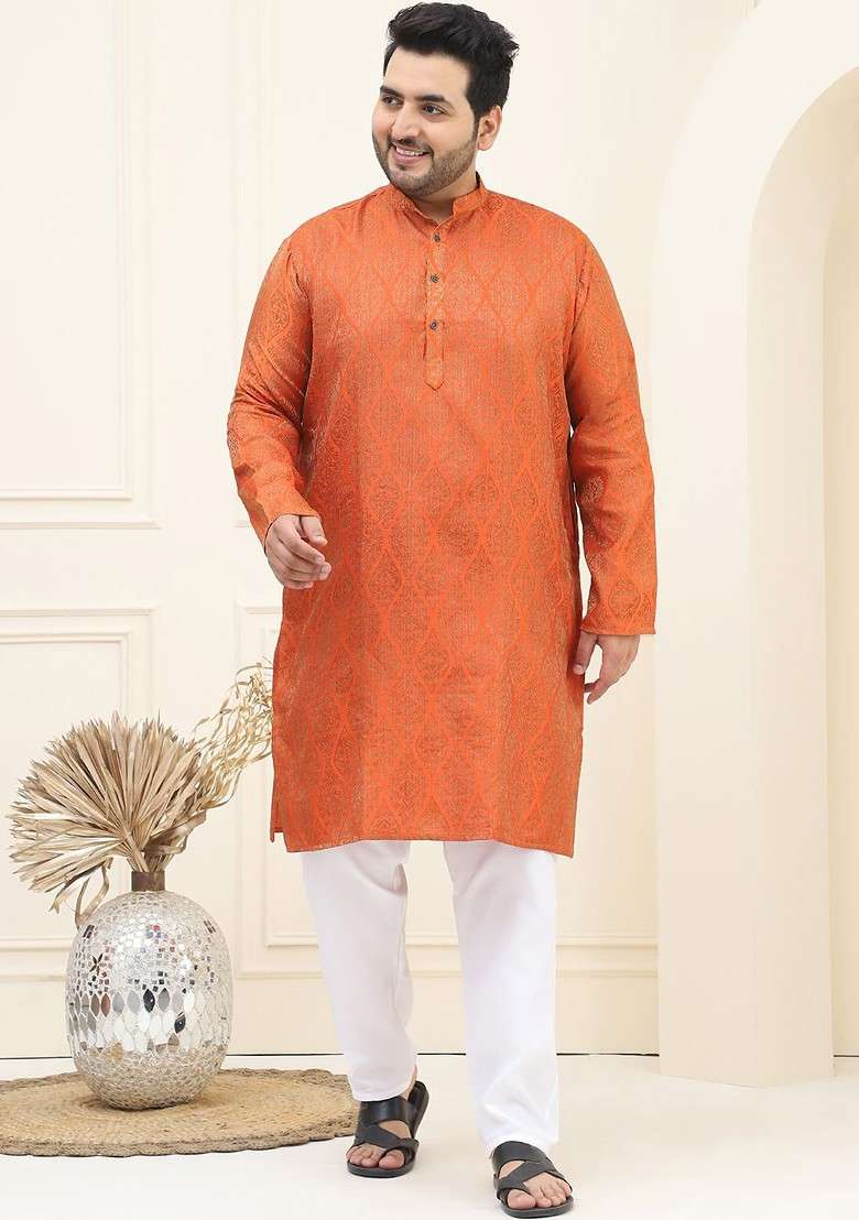 Orange Woven Poly Blend Kurta Set For Men - Indya