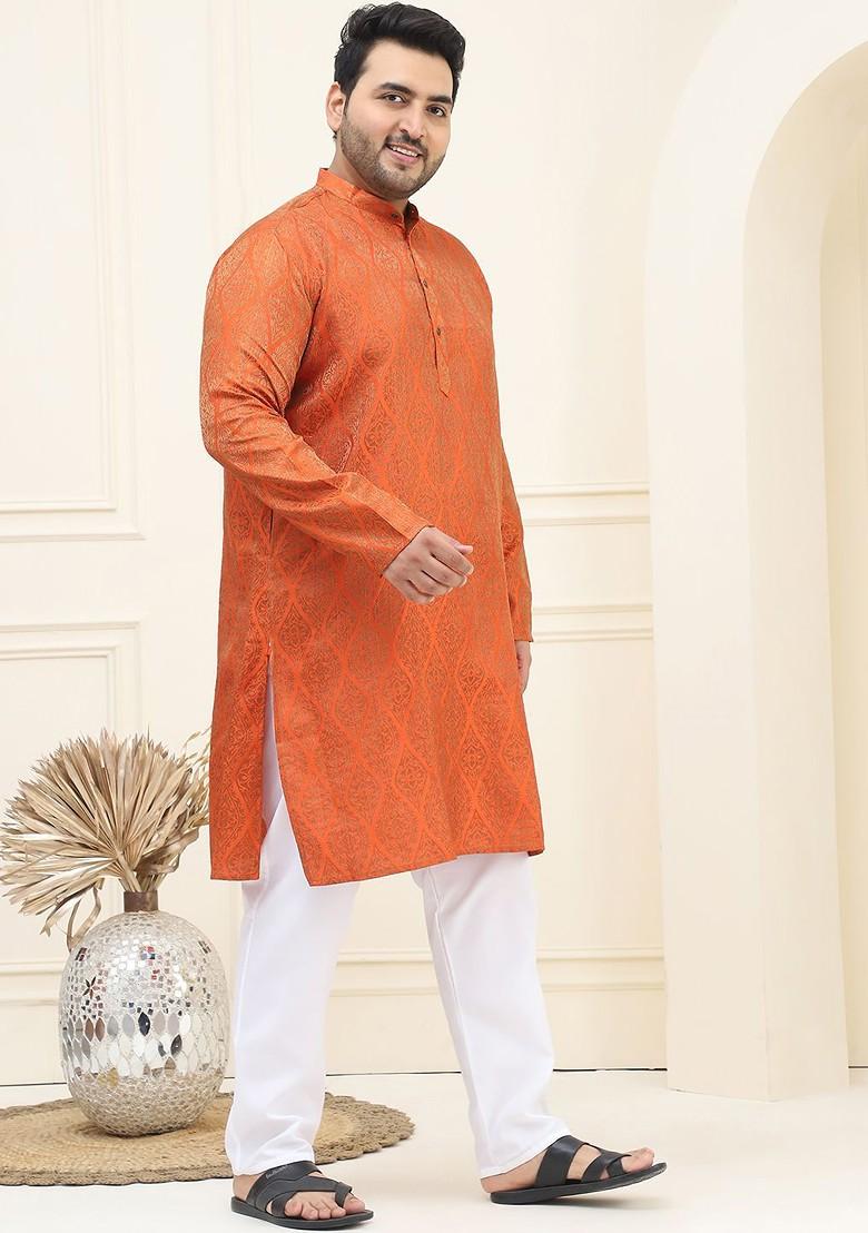 Orange Woven Poly Blend Kurta Set For Men