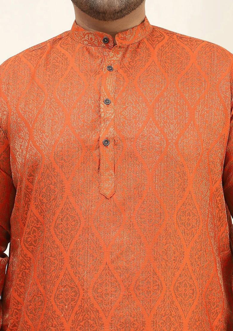 Orange Woven Poly Blend Kurta Set For Men