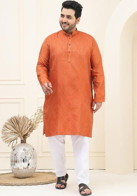 Orange Woven Poly Blend Kurta Set For Men