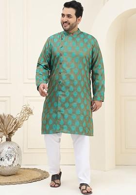 Green Thread Work Poly Blend Kurta Set For Men