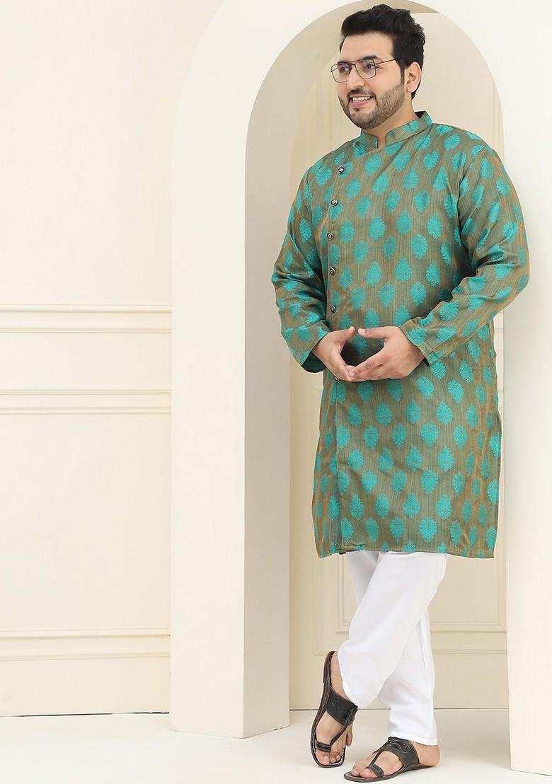 Green Thread Work Poly Blend Kurta Set For Men