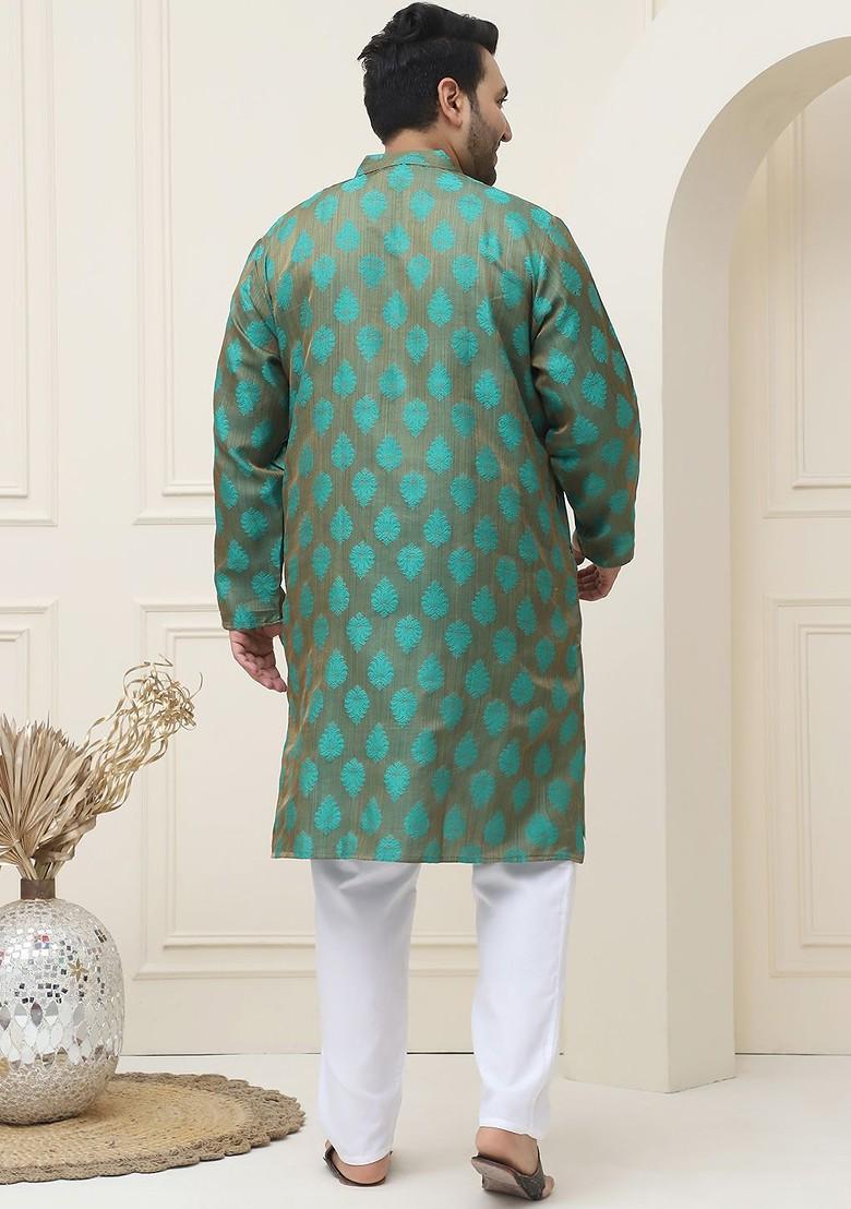 Green Thread Work Poly Blend Kurta Set For Men