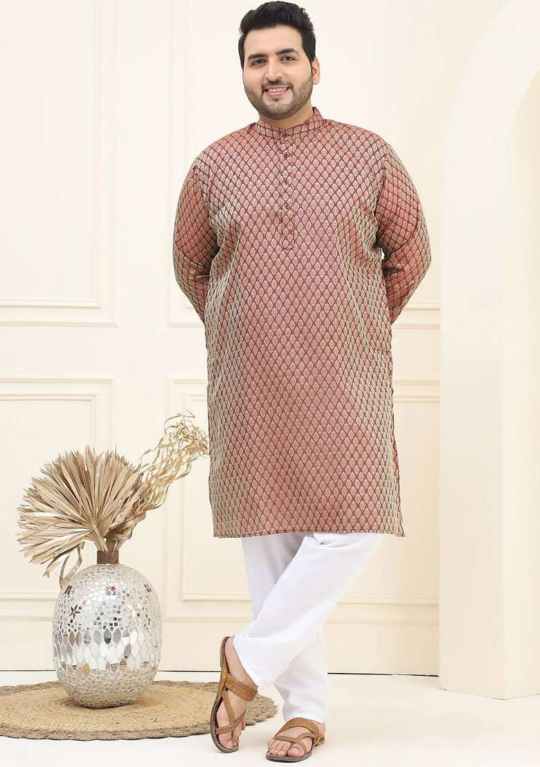 Maroon Ethnic Motifs Jacquard Kurta Set For Men - Indya