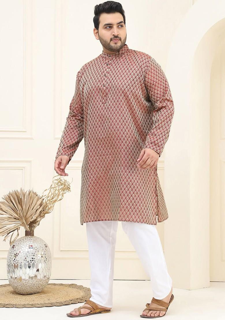 Maroon Ethnic Motifs Jacquard Kurta Set For Men